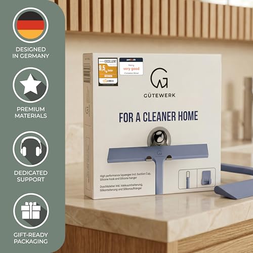 Silicone Shower Squeegee for Glass Doors & Mirrors with Stainless Steel Core, Streak-Free & No-Squeak Window Cleaning, 3-in-1 No-Drill Mount (Hook/Suction/Adhesive),Blue, 11 Inches | Streak-Free & No-Squeak Window Cleaning, Stainless Steel Core, Hook/Suct