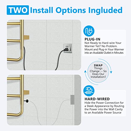 VJASS Heated Towel Rack for Bathroom, 4 Bar Stainless Steel Electric Towel Warmer with Built-in Timer, Dual Hardwired & Plug-in Wall Mounted Installation (Brushed Gold) - color: Brushed Gold