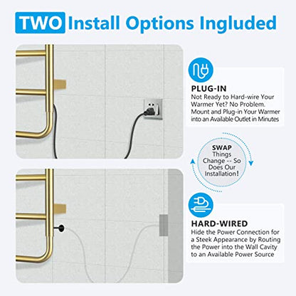 VJASS Heated Towel Rack for Bathroom, 4 Bar Stainless Steel Electric Towel Warmer with Built-in Timer, Dual Hardwired & Plug-in Wall Mounted Installation (Brushed Gold) - color: Brushed Gold