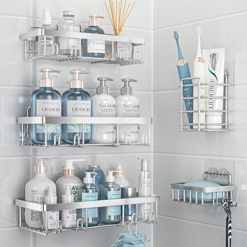 Liuoud 5 Pack Shower Caddy Organizer Rack Shelf for Inside Shower, Self Adhesive Bathroom Wall Storage Basket Rustproof Stainless Steel Large Capacity Shampoo Holder, Silver - color: Silver, size: Large