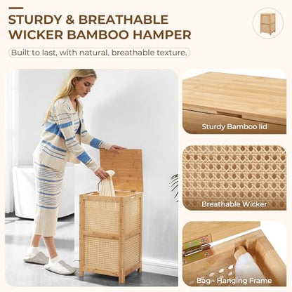 TIOPGHAD Bamboo Wicker Laundry Hamper with Lid, 13 Gal, Natural | Woven wicker, bamboo frame, removable cloth bag, wooden handles, lidded rectangular design, 13.8 x 12.6 x 23.6 in