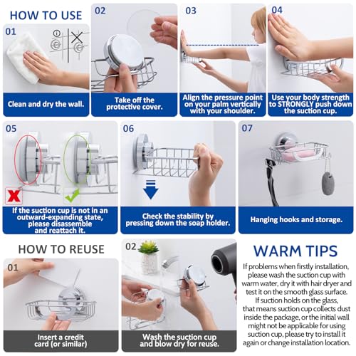 Soap Holder,Soap Dish,Suction Cup,with Hooks,Stainless Steel,Silver | bar soap holder,storage soap & sponge for bathroom,shower,kitchen,sink,wall mounted,no drilling removable waterproof - color: Silver-1 Tier