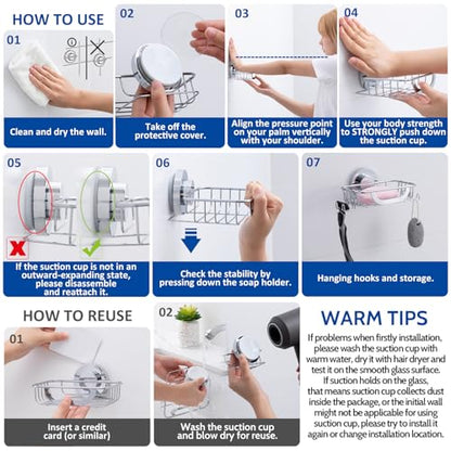 Soap Holder,Soap Dish,Suction Cup,with Hooks,Stainless Steel,Silver | bar soap holder,storage soap & sponge for bathroom,shower,kitchen,sink,wall mounted,no drilling removable waterproof - color: Silver-1 Tier
