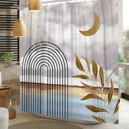 Mid Century Boho Shower Curtain Abstract Modern Minimalist Geometric Arch Bathroom Curtain Gold Leaves Aesthetic Waterproof Bath Decor Polyester Fabric with Hooks 48x72 inch - color: Grey Blue, size: 48"W x 72"L (Pack of 1)