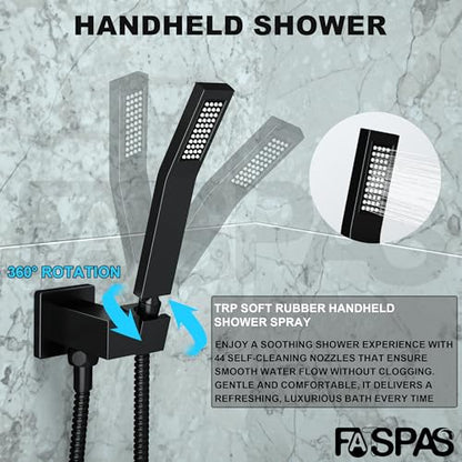 Shower System with 12-Inch Rain Head and Tub Spout | All-Metal Tub Shower Faucet Set, Wall Mounted Rain Showerhead, Handheld Spray, Includes Valve and Trim Kit, Matte Black - color: Matte Black, style: 12"-With Tub Spout