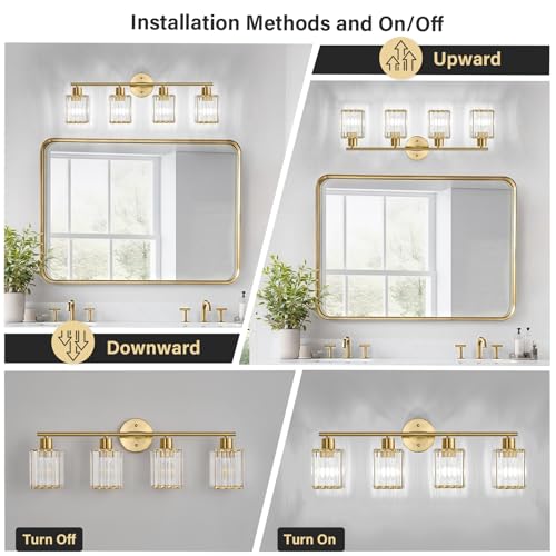 4 Light Bathroom Light Fixtures, Modern Crystal Vanity Lights over Mirror | Metal Frame, Bathroom Light with Square Crystal Shade, ETL Certified, E26 Ceramic Socket, Bulbs Not Included - color: Gold, size: 4-Light