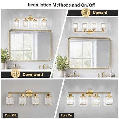 4 Light Bathroom Light Fixtures, Modern Crystal Vanity Lights over Mirror | Metal Frame, Bathroom Light with Square Crystal Shade, ETL Certified, E26 Ceramic Socket, Bulbs Not Included - color: Gold, size: 4-Light