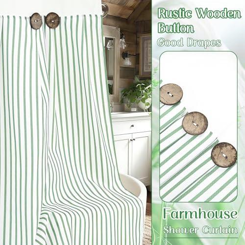 ASPMIZ Farmhouse Striped Shower Curtain and Liner Set No Hook, Green 71x86 | No Hook Shower Curtain with Snap in Liner Fabric, Rustic Washable Waterproof Bathroom Curtains with Button, Mesh Top Window - color: Green Striped, size: 71"W x 86"L (Pack of 1),