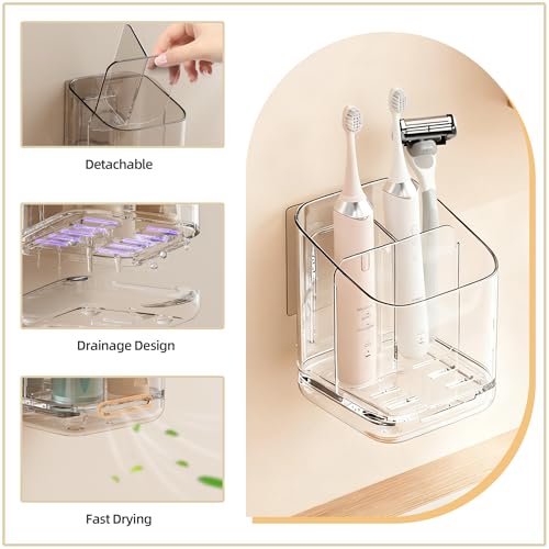 Toothbrush Holder Wall Mounted,Detachable Toothbrush and Toothpaste Holder | with Divider for Bathroom, Anti-Slip Electric Tooth Brush Holder Set with Drainage, Bathroom Accessory - Clear - size: Standard