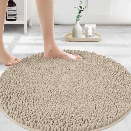 MAYSHINE Round Area Rug Set for Bathroom | Soft Plush Chenille Bath Mat, Water Absorbent Non-Slip Bathroom Rug | Washable Shag Carpet for Shower, Bedroom, or Home Décor | 48"x48" (Round) | Beige - color: Beige, size: 48"x48" Round