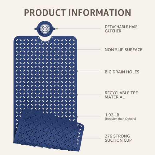 OTHWAY Bath Mat for Tub Non Slip: 39" X 17" Long Bathtub Mat with Hair Catcher│Big Drain Holes Shower Mats for Inside Shower│Machine Washable (Navy Blue) - color: Navy Blue