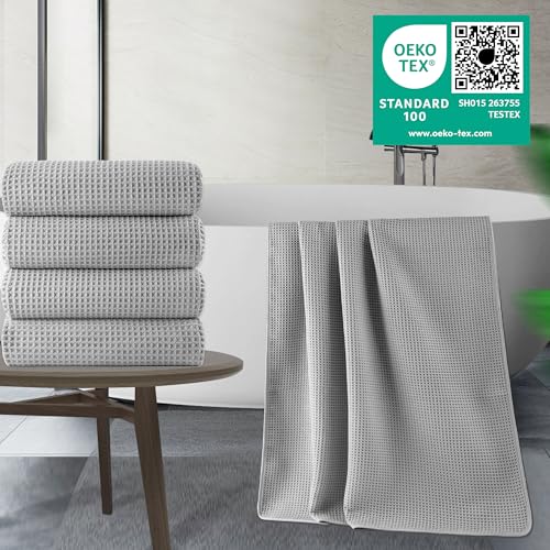 POLYTE 430 GSM Poly Blend Microfiber Quick Dry Waffle Bath Towel, 30x60 in | 4 Pack, Oversize, Lint Free, Body Towel - color: Light Gray