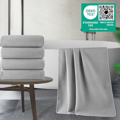 POLYTE 430 GSM Poly Blend Microfiber Quick Dry Waffle Bath Towel, 30x60 in | 4 Pack, Oversize, Lint Free, Body Towel - color: Light Gray
