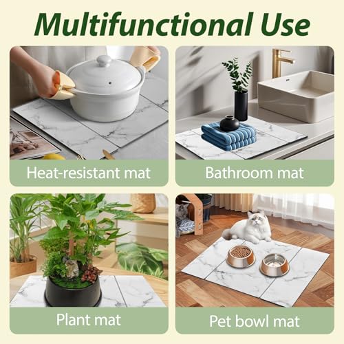 Large Stone Drying Mat for Kitchen Counter, 24"x16" Collapsible Quick Dry Dish Drying Mat, Water-Absorbent Marble Diatomaceous Earth Mats for Bottles Cups Dishes, Match Any Countertop - color: White
