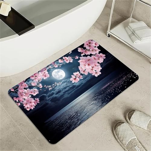Bath Mat Rug,Cherry blossoms,moonlight Non Slip Quick Dry Super Absorbent Thin Bathroom Rugs Fit Under Door-Easy to clean Bathroom Floor Mats-Shower Rug for Shower Sink Bathtub(16" x 24"In) - color: Cherry Blossoms,moonlight, size: 1'4" x 2'(Rectangular)