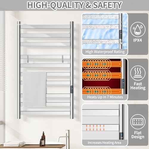 Heated Towel Rack for Bathroom, Towel Warmer with 10 Bar Flat Rack Large, Electric Hot Towel Rack Wall Mounted, LED Buit-in Timer, Plug-in, Stainless Steel, Fast Heating, Brushed Nickel - color: Brushed Nickel