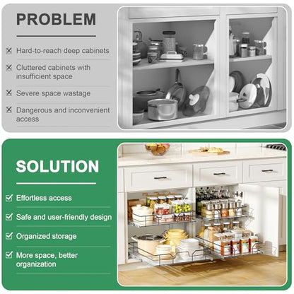 2-Tier Pull Out Cabinet Organizer (11" W x 22" D) | Soft Close Cabinet Slide Out Shelves, Heavy Duty Slide Out Drawers with Shelf Liner for Kitchen Cabinets, Pantry, Bathroom - size: 11"W x 22''D
