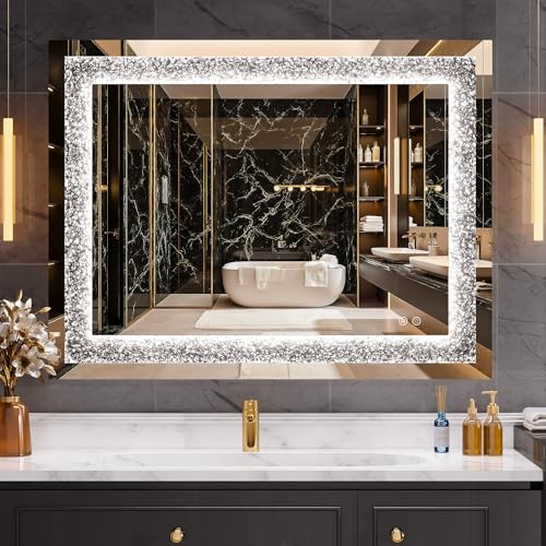 WINNICE 32" x 24" LED Diamond Wall Mirror, Dim & Anti-Fog | Crystal glass, dimmable & anti-fog, mounts vertical/horizontal, ideal for bathroom, bedroom, living room. - size: 24"L x 32"W