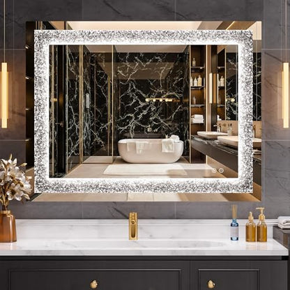 WINNICE 32" x 24" LED Diamond Wall Mirror, Dim & Anti-Fog | Crystal glass, dimmable & anti-fog, mounts vertical/horizontal, ideal for bathroom, bedroom, living room. - size: 24"L x 32"W