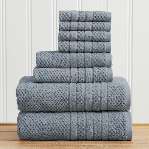 Great Bay Home 100% Cotton 8 Piece Towel Set - Absorbent, Quick-Drying, Checkered Jacquard Bath Towels for Bathroom - Zero-Twist Fibers (Blue) - color: Blue, size: 8 Piece Set