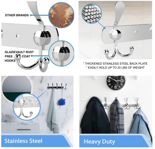 GlazieVault Coat Rack Wall Mount - Stainless Steel Coat Hooks (2 Pack) - Heavy Duty Wall Hooks for Clothes & Accessories (Silver Tri) - style: Silver Tri