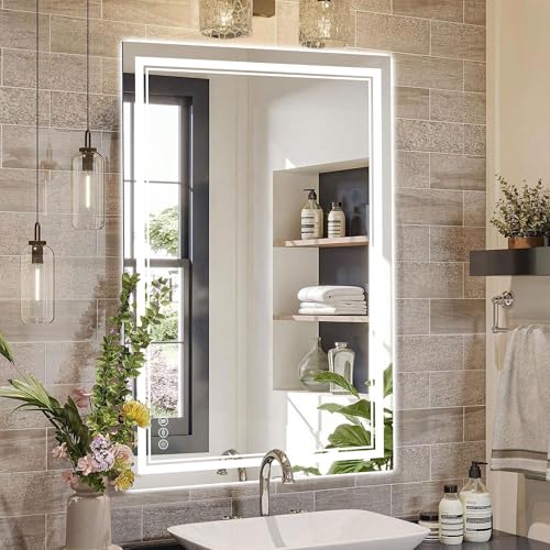 36''x24'' Lighted Mirrors for Bathroom Wall Backlit + Front Lit, Rectangular LED Bathroom Mirror Frameless with Lights Anti Fog, Dimmable, 3 Colors,Tempered Glass, Shatter-Proof (Color 1,) - color: Color 1, size: 36"L x 24"W