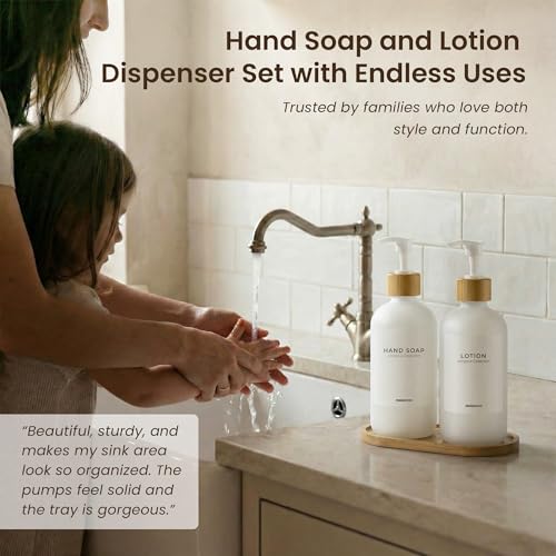 Maisonovo Soap Dispenser Set - White Soap Dispenser White Bamboo Pumps | Glass bottles for body wash, lotion, shampoo or conditioner · Sink, bathroom or countertop · Tray, 16.9 oz each - color: White Bottles White Bamboo Pumps