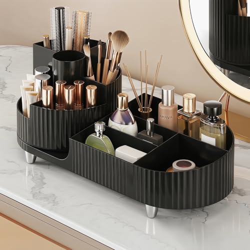 Booklov Rotating Makeup Organizer for Vanity Countertop, Black | Plastic Cosmetic Display Case, Large Beauty Brush Holder for Bathroom Counter, Skin Care Perfumes Storage - color: Black