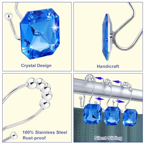 Shower Curtain Hooks Rings for Bathroom, 12PCS Double Hooks Glide Anti Rust Crystal Rhinestones Shower Curtain Rings Hangers for Shower Curtains, Clothing, Towels, etc. (Blue) - color: Blue