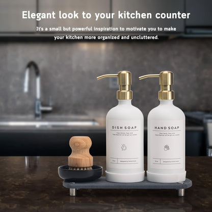 [Luxury] Kitchen Soap Dispenser Set - 16OZ White Glass Bottle, Stainless Steel Pump, Instant Dry Tray, Waterproof Labels, Non-Slip Silicone Pad, and Dish Brush | Upgrade for Your Kitchen and Bathroom - color: White Bottle + Gold Pump