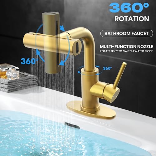 Gold Bathroom Faucet with Sprayer - Brushed Gold Bathroom Faucets for Sink 1 Hole or 3 Holes, 4 Mode Single Handle Vanity Faucet Waterfall Bathroom Faucet with Pull Down Sprayer (No Drain) - color: Gold