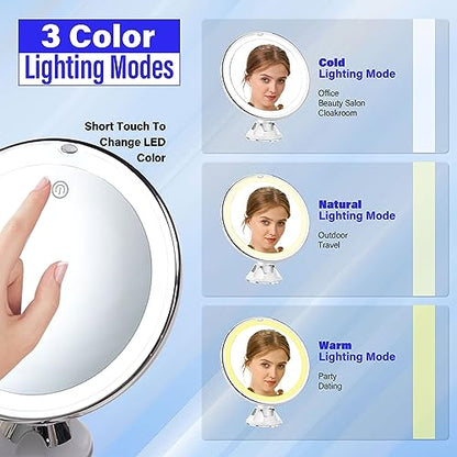 Snowflakes 10x Magnifying Lighted Makeup Mirror with Lights, Suction Cups, and 360° Swivel – Touch Control, 3 Light Modes – Ideal for Home, Bathroom Vanity, and Travel