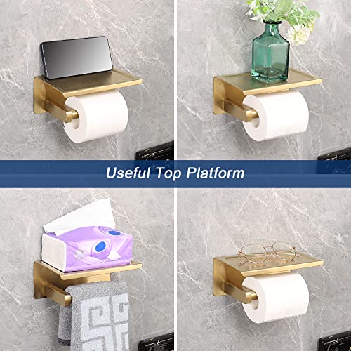 NearMoon Toilet Paper Holder with Shelf, Heavy Duty Bath Toilet Roll Holder with Phone Shelf Tissue Hanger for Bathroom/Kitchen No Drill or Wall Mounted(304 Stainless Steel, Brushed Gold) - color: Brushed Gold