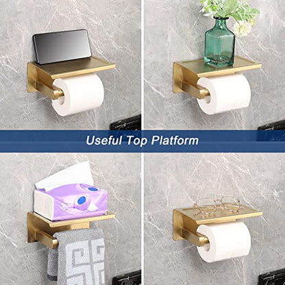 NearMoon Toilet Paper Holder with Shelf, Heavy Duty Bath Toilet Roll Holder with Phone Shelf Tissue Hanger for Bathroom/Kitchen No Drill or Wall Mounted(304 Stainless Steel, Brushed Gold) - color: Brushed Gold