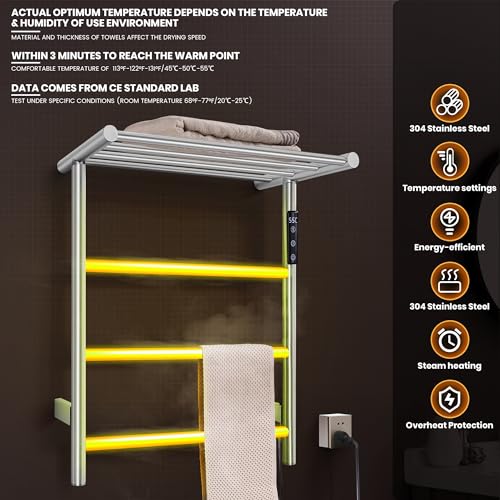 Towel Warmer Wall Mounted with 3 Electric Stainless Steel Heated Bars, Hot Towel Rack for Bathroom, Plug-in BathTowel Heater with Built-in Timer, Brushed Nickel