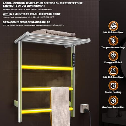 Towel Warmer Wall Mounted with 3 Electric Stainless Steel Heated Bars, Hot Towel Rack for Bathroom, Plug-in BathTowel Heater with Built-in Timer, Brushed Nickel