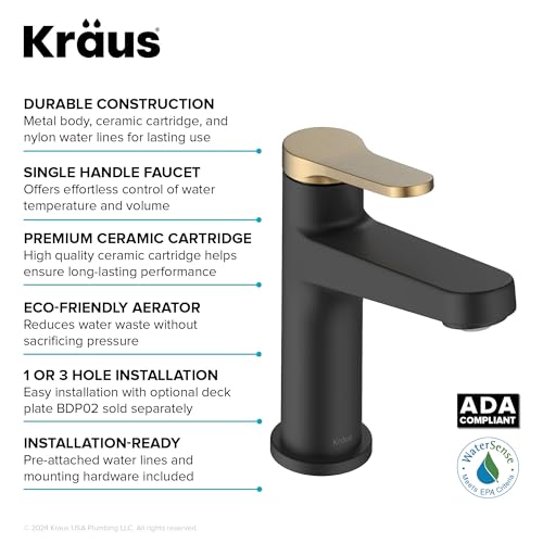 KRAUS Indy Single Handle One Hole Bathroom Sink Faucet in Spot-Free Brushed Brass/Matte Black, KBF-1411SFBBMB - color: Spot Free Brushed Brass/Matte Black, style: Basin + Pop-Up Drain