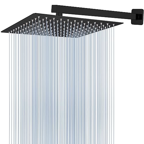Voolan All Metal Shower Head with Extension Arm, Stainless Steel Waterfall Rainfall Showerheads, High Flow Bathroom Square Rain Shower Head (12’’ Shower Head with 16’’ Shower Arm, Black) - color: Matte Black, size: 12’’ Shower Head with 16’’ Shower Arm
