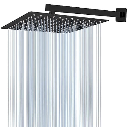 Voolan All Metal Shower Head with Extension Arm, Stainless Steel Waterfall Rainfall Showerheads, High Flow Bathroom Square Rain Shower Head (12’’ Shower Head with 16’’ Shower Arm, Black) - color: Matte Black, size: 12’’ Shower Head with 16’’ Shower Arm