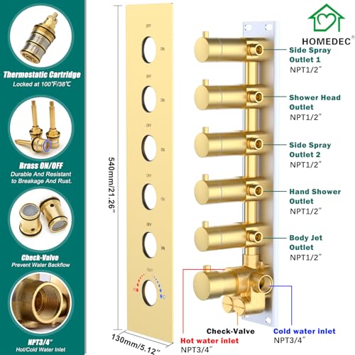 HOMEDEC Bathroom Shower Faucet Set with 14x20inch LED and Dual 6inch Shower Heads, 5 Way Thermostatic Diverter Valve Shower Valve Kit, Brushed Gold - color: Brushed Gold, style: 5-Way + 2x 6" Top