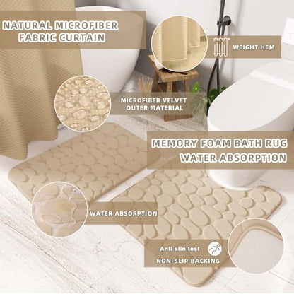 XLHOMO 26PC Bathroom Accessories Set - Gorgeous Bathroom Set, Beige Bathroom Accessory Set, Shower Curtain Set with Bathtub Mats for Shower Tub, Trash Can & Soap Dispenser - size: Bath Set+Bathtub Mat+Shower Curtain&Rugs, style: Beige&Silver