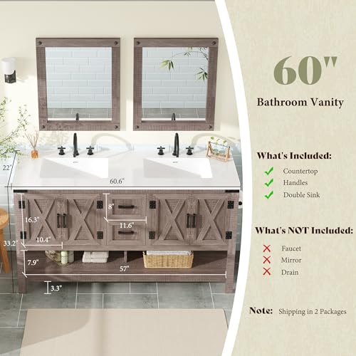 AMERLIFE 60" Gray Farmhouse Double Sink Bathroom Vanity, Solid White Top | Light Gray, Solid White Integrated Top, Moisture-Resistant MDF, 4 X-Panel Doors, 2 Drawers, Open Shelf, Paper Towel Holder - color: Light Gray, size: 60”