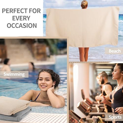 MICROFI New Microfiber Waffle Bath Towels, 2 Pieces, Soft, Absorbent, Fast Drying, Lint Free 430 GSM (30''x60''/76cm x 152cm) - color: Gray+champagne