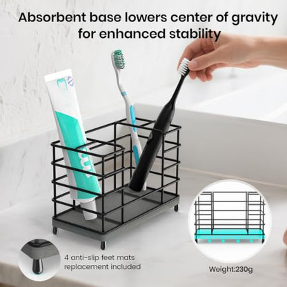 Toothbrush Holder with Quick Drying Mat—Toothbrush and Toothpaste Holders for Bathrooms—5 Slots Openwork Design Black Toothbrush Holder Set,Bathroom Counter Organizer for Electric Toothbrush - size: Large