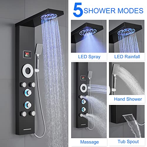 LED Shower Panel Tower System, 304 Stainless Steel Bathroom Shower Tower with 3 Body Massage Jets, Shower Column Wall Mounted - color: Black - 5 Body Jets