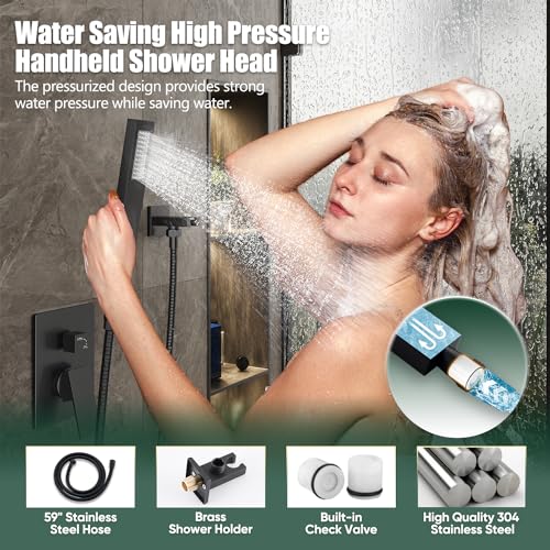 Gabrylly Rain Shower Head with Handheld Spray Combo, 12", Matte Black | All Metal Shower System, High Pressure Rainfall Shower Faucet Set, Solid Brass Shower Valve Complete Shower Set for Bathroom - color: Matte Black, size: 12 Inch