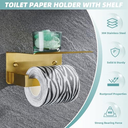 Brushed Dark Gold Toilet Paper Holder with Shelf, Wall Mounted | Rustproof 304 Stainless Steel, Functional Paper Roll and Phone Storage, Fits Bathroom, Restroom, Vanity, Kitchen - color: Brushed Dark Gold, size: Single Rod