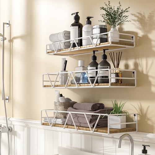 Floating Shelves Set of 3, Wood Wall Shelf, Farmhouse Shelf for Bedroom | Wall Mounted Floating Shelf for Living Room, Bedroom, Bathroom, Kitchen, Office - color: White