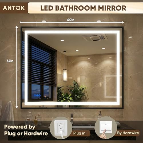 Antok 40X32 LED Bathroom Mirror with Lights, Vanity Mirror for Wall with Black Frame, Touch Control, Anti-Fog, Dimmable Lights, Shatter-Proof, Memory Function, Wall-Mounted Vanity Mirrors - size: 40"L x 32"W