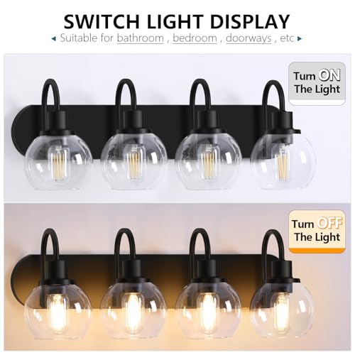 Dpyrrhic Industrial Bathroom Vanity Light， 4-Light Bathroom Lights Over Mirror with Clear Glass Globe Shade and Metal Base, Matte Black Bathroom Vanity Light Fixture - color: Black, size: 4-Light